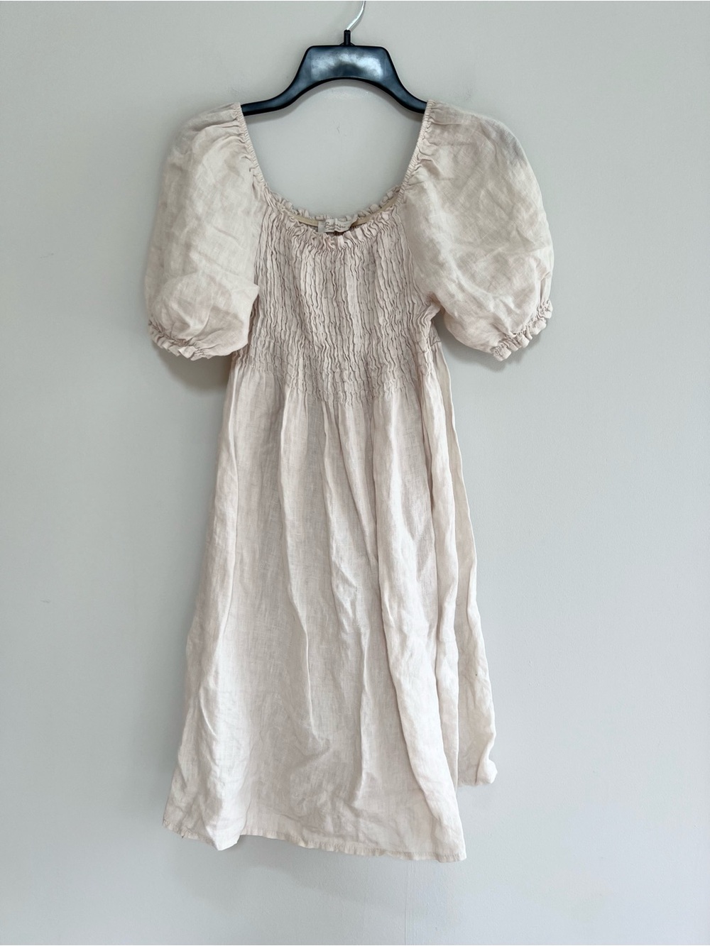 Bellambra Italian Linen Smocked Puff Sleeve Boho Dress Natural Beige size Small - Picture 2 of 9